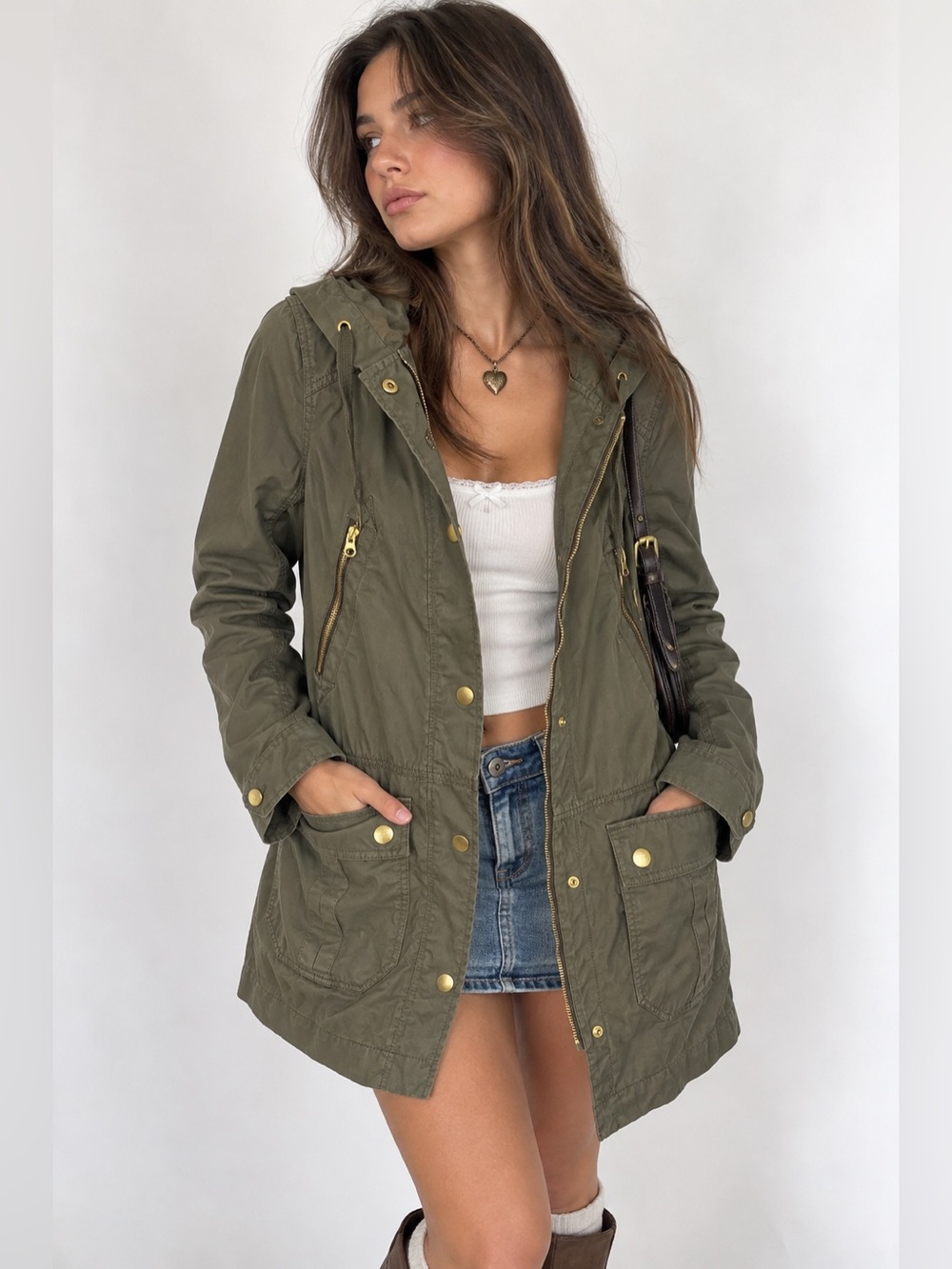 JCREW Utility Military Green Hooded Jacket - Women's Lightweight 100 Cotton